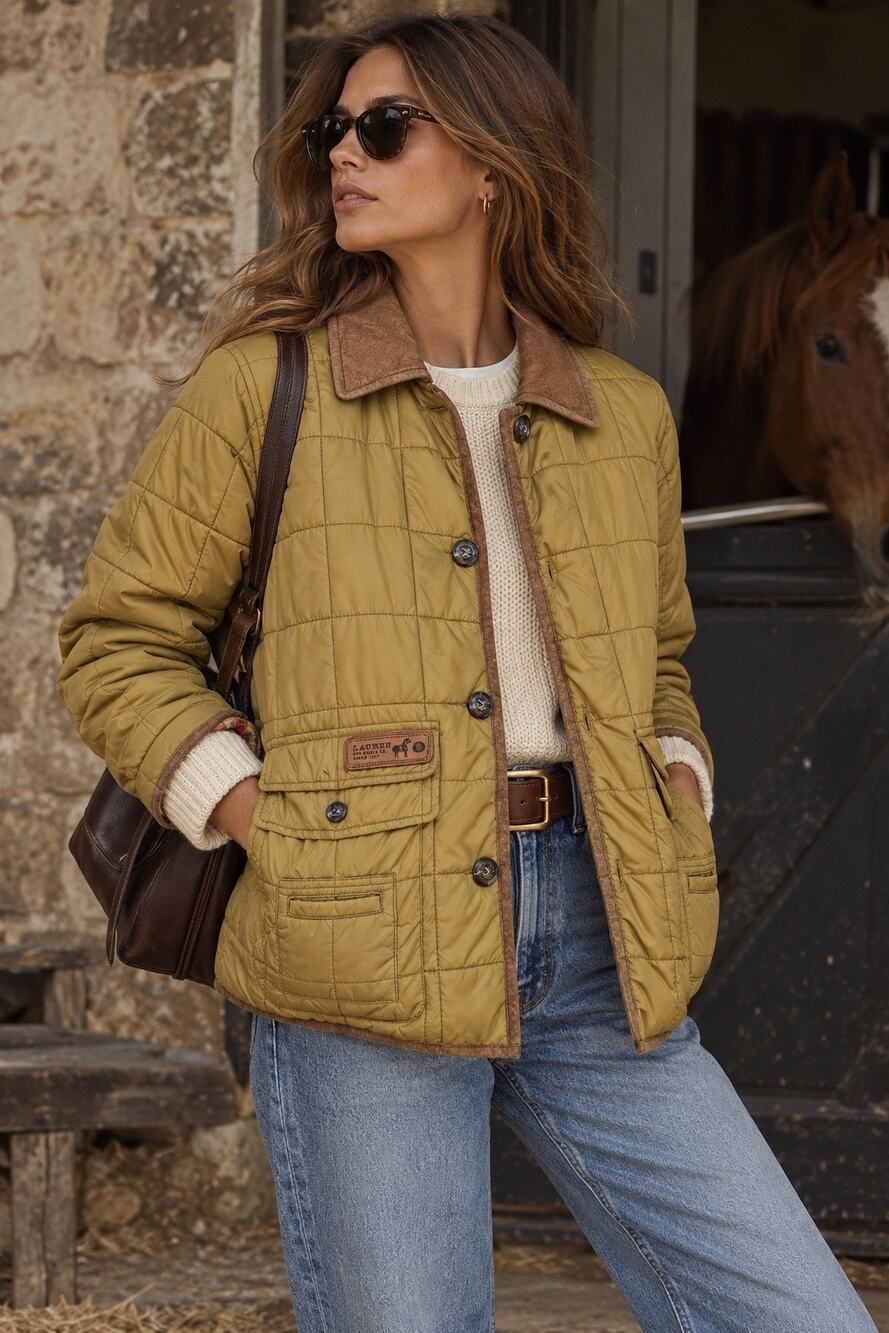 Vintage Ralph Lauren Quilted Puffer Barn Jacket Beige P Small Equestrian Suede